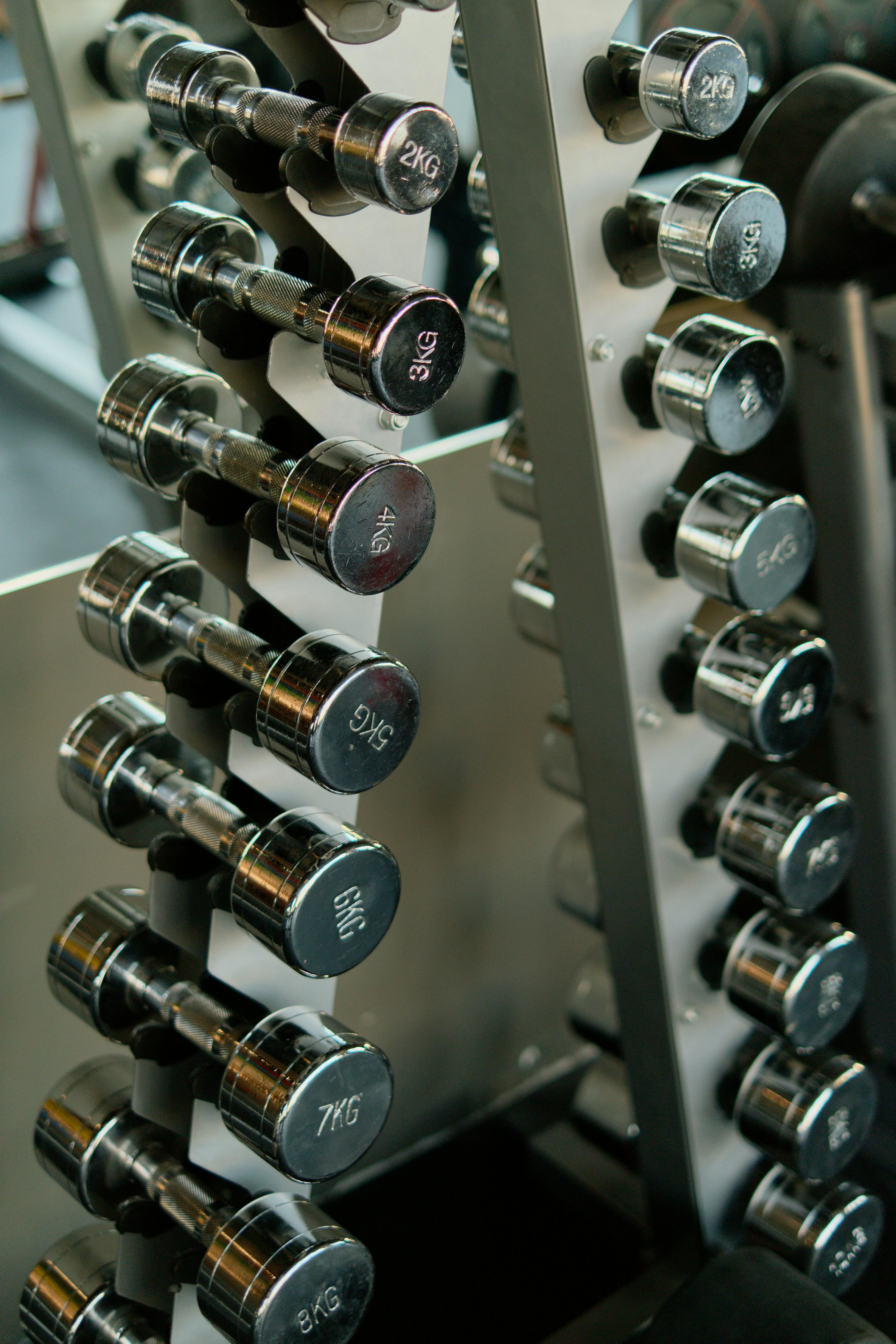 Chrome dumbbells organized on a rack in a modern gym