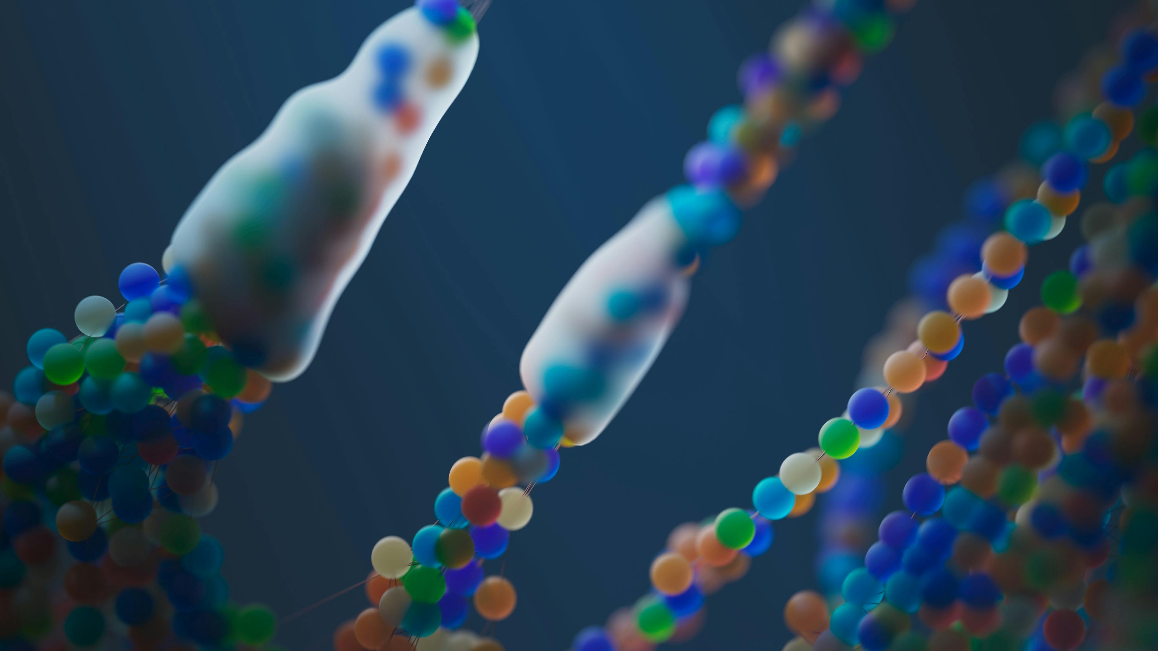 Abstract representation of molecular structures and biological pathways in vibrant colors