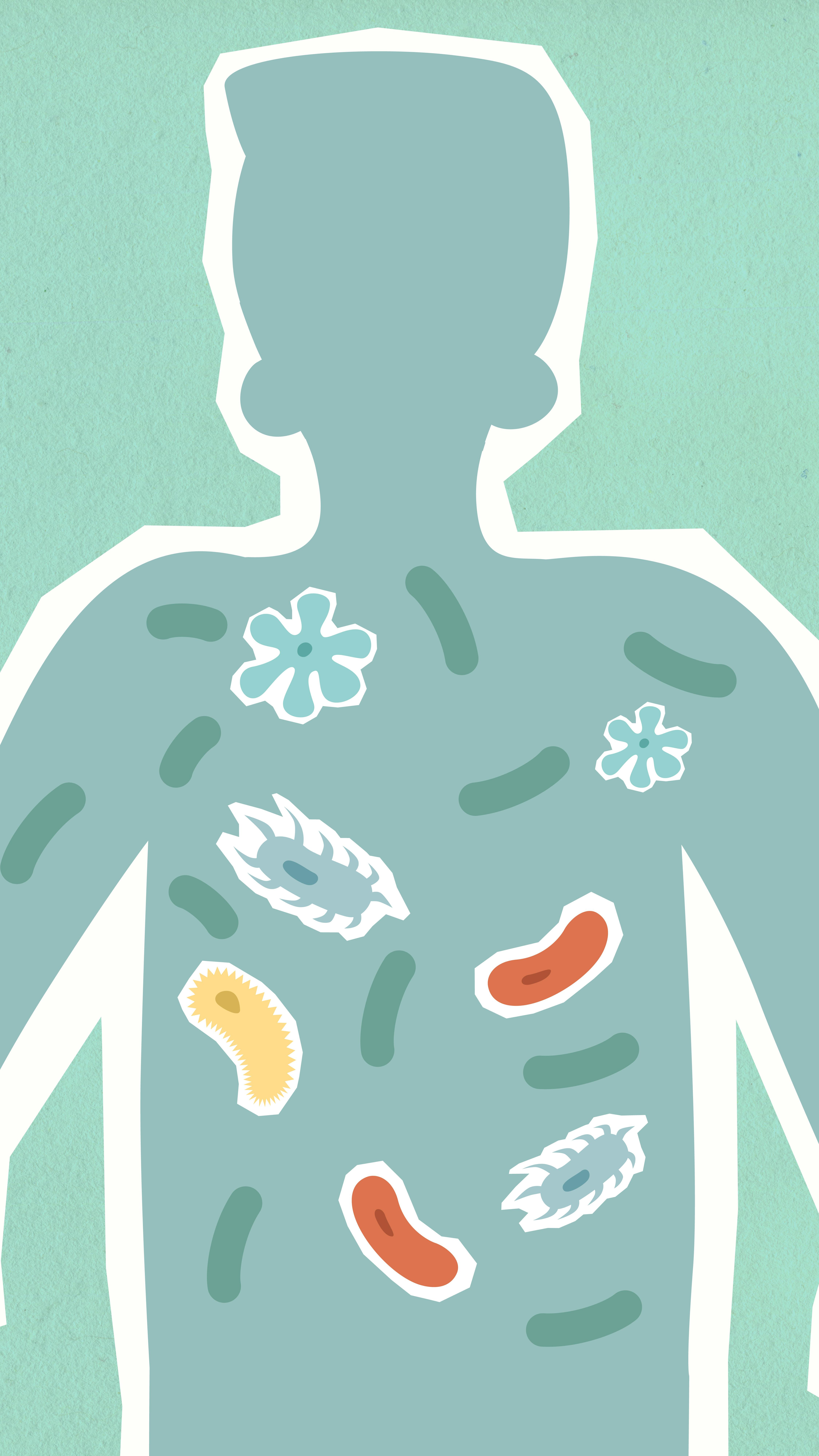 Abstract illustration of gut microbiome bacteria and dietary molecules